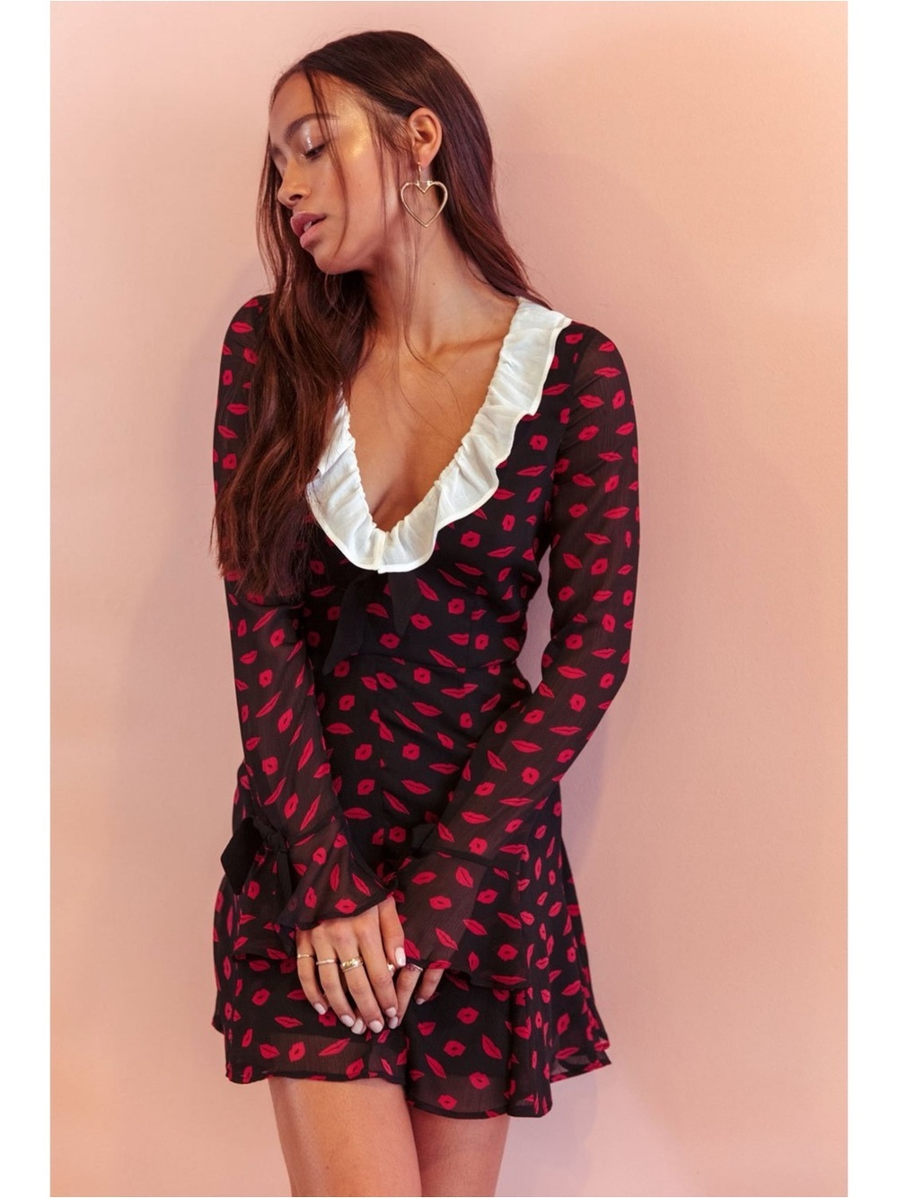 Rare For Love & Lemons Bianca Mini Dress Lip Print Black & Red Medium - Picture 10 of 10